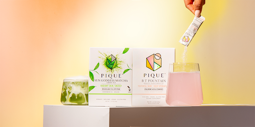 Pique Sun Goddess Matcha and Pique B·T Fountain in glass supporting inside-out skin health